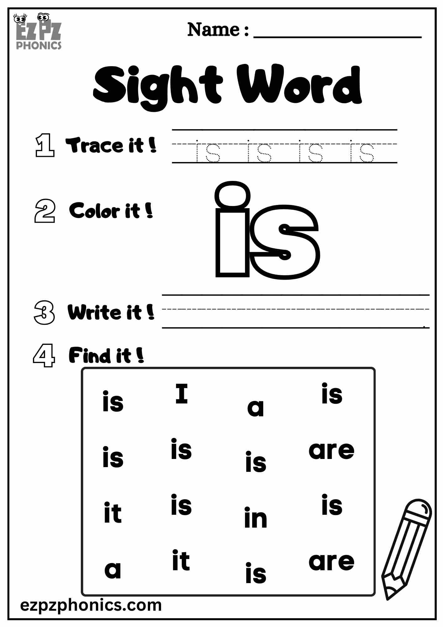 The "Is" Sight Word Worksheet for Pre-Kindergarten Students Dolch Sight Words Free PDF Download